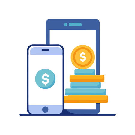 Digital banking and mobile payment illustration with smartphones and rising money stackのイラスト素材