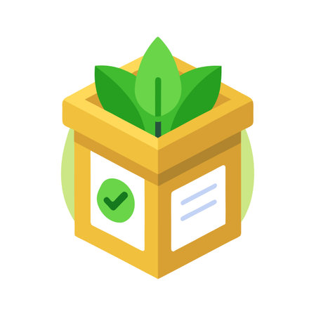 Isometric box with green leaves and checkmark icon, concept of growth and approvalのイラスト素材