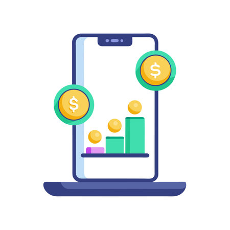 Mobile Finance App with Growing Chart and Coin Icons Displayed on Smartphoneのイラスト素材