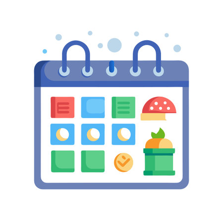 Calendar icon with reminders in flat style, blue frame, colorful events on white backgroundのイラスト素材