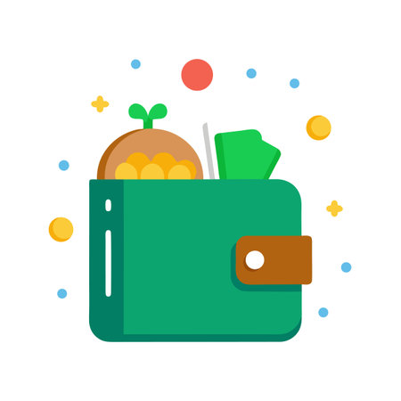 Illustration of a full green wallet with money, coins, and a sprout icon for growth.のイラスト素材