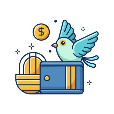 Bird on Wallet with Coin and Bars: Financial Freedom Concept, Cute Vector Illustrationのイラスト素材