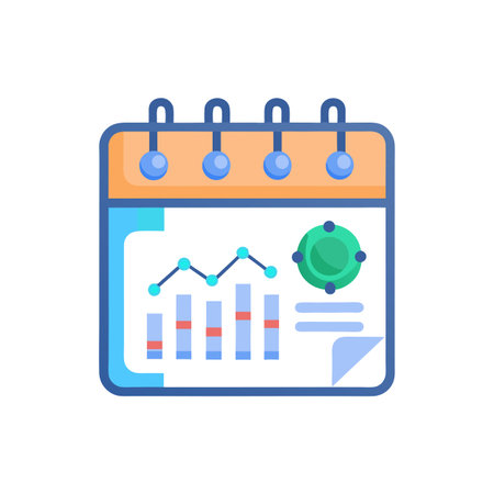 Flat Illustration of a Calendar with Bar Graph, Line Chart and Circle Chartのイラスト素材