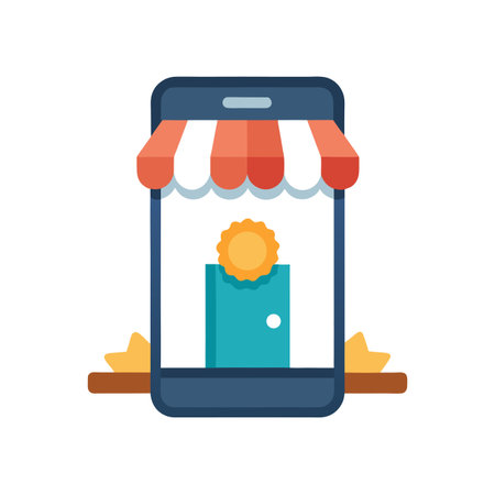 Online store icon on smartphone screen displaying digital storefront and rewards, flat styleのイラスト素材