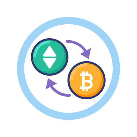 Bitcoin exchange concept illustrated by arrows between currency and digital bitcoin iconのイラスト素材
