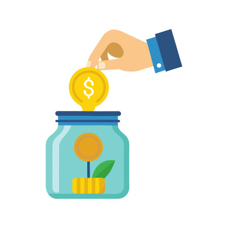 Hand placing dollar coin into a savings jar, symbolising financial growth and investment.のイラスト素材