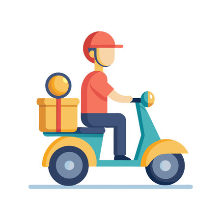 Flat design vector illustration of a delivery man riding a scooter with packageのイラスト素材