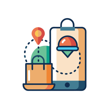 Online Shopping and Delivery App Concept with Mobile Phone, Location Pin, and Shopping Bagのイラスト素材