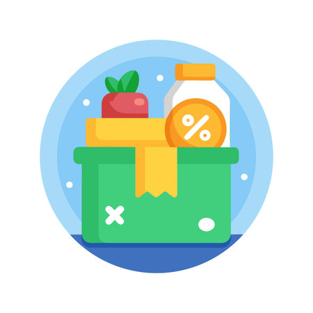 Flat design illustration of a shopping box containing radish and jar with discount badgeのイラスト素材