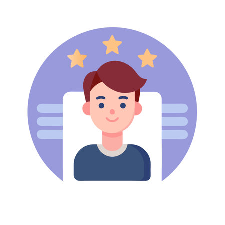 Flat illustration of a person with stars symbolizing positive feedback and user reviewsのイラスト素材