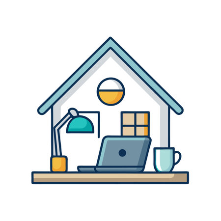 Home Office Setup with Laptop and Lamp Inside House Shaped Outline Iconのイラスト素材