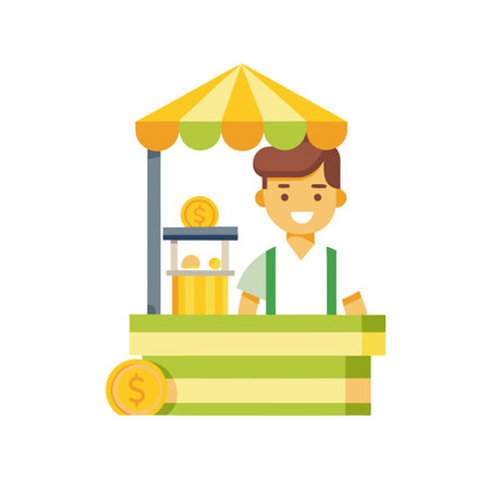 Illustration of a young vendor at a striped yellow and green marketplace standのイラスト素材