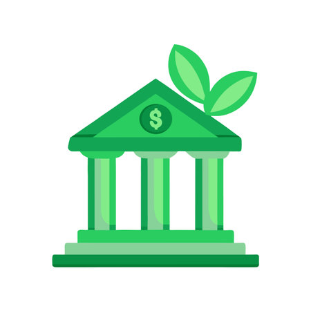 Sustainable Banking Concept: Green Bank Building with Leaf Symbolizing Growth and Investmentのイラスト素材