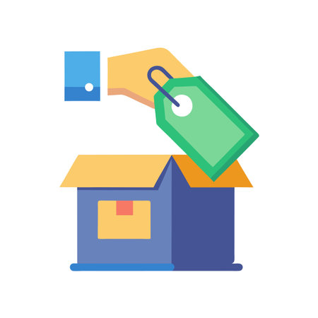 Flat design of a hand holding a price tag over a shipping boxのイラスト素材