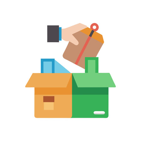 Recycling and sorting waste, hand placing box in respective containers, flat design.のイラスト素材