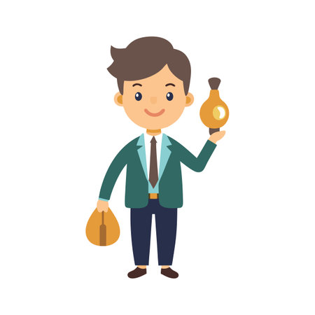 Cartoon businessman holds lightbulb and bag, symbolizing ideas and business ventures on white backgroundのイラスト素材