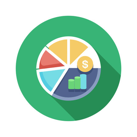 Circular Icon Showcasing Financial Data, Including a Pie Chart and Rising Bar Graphsのイラスト素材