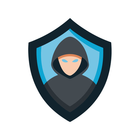 Cyber Security Shield with Hacker in Hood Protecting Data and Information Onlineのイラスト素材