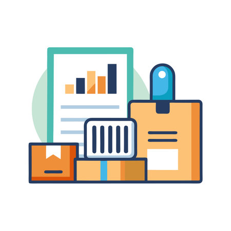 Stacked cardboard boxes alongside a rising bar graph illustration concept for shipping and delivery analyticsのイラスト素材