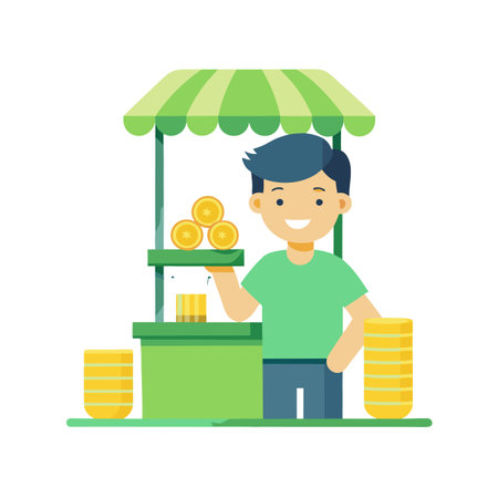 Flat Vector Illustration of a Young Man Selling Fresh Orange Juice at a Standのイラスト素材