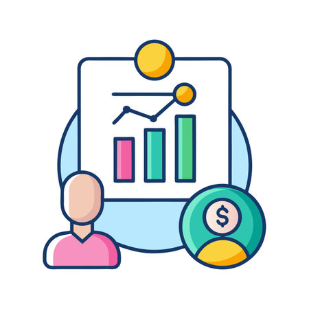 Business strategy and financial analysis presented through data visualization and team collaboration icon illustrationのイラスト素材