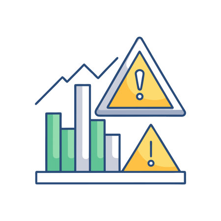 Financial risk analysis illustration with falling graph, bar charts, and warning symbols.のイラスト素材
