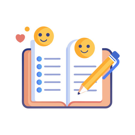 Customer feedback notebook icon with smiling faces and a pen, capturing user experienceのイラスト素材