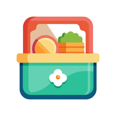 Illustration of a teal picnic basket with orange handle and contents insideのイラスト素材
