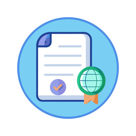 Global Certification Icon: Verified Document within a Light Blue Circleのイラスト素材