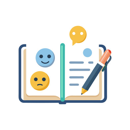 Flat Illustration of an Open Journal with Mood Icons and a Pen for Diary Entryのイラスト素材