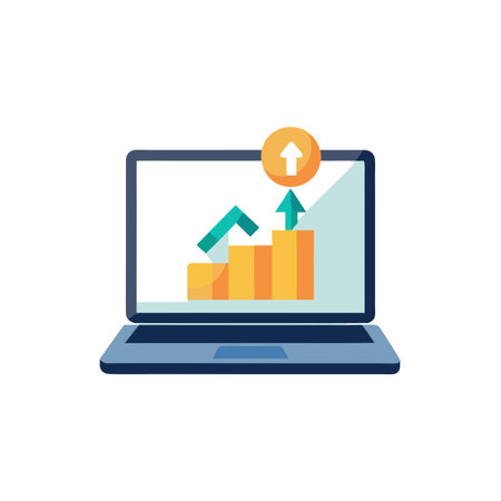 Laptop with rising bar graph and up arrow, showing business success and growthのイラスト素材