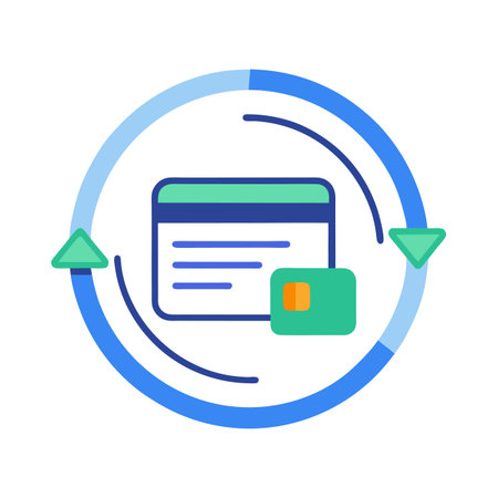 Credit card transaction cycle icon with arrows on blue background, flat vector illustrationのイラスト素材