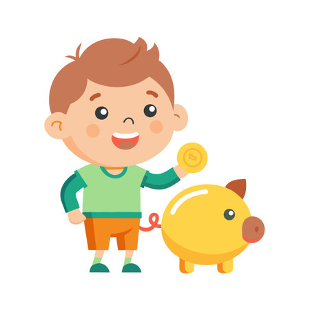 Boy saving money in a yellow piggy bank, financial education and responsibility conceptのイラスト素材