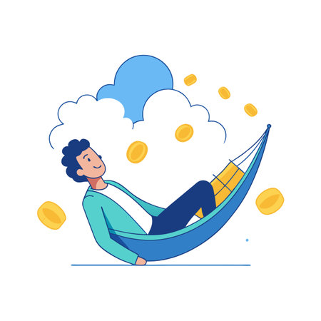 Illustration of a relaxed man in hammock with falling coins representing passive incomeのイラスト素材