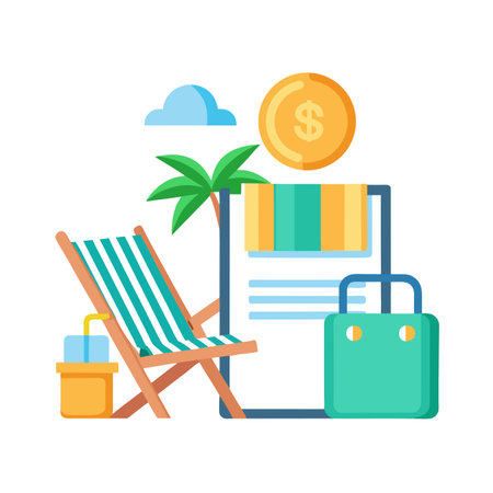 Financial Planning for Vacation: A flat vector illustration depicting tropical relaxation and money management.のイラスト素材