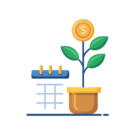Financial growth concept illustration with a calendar and a plant sprouting moneyのイラスト素材