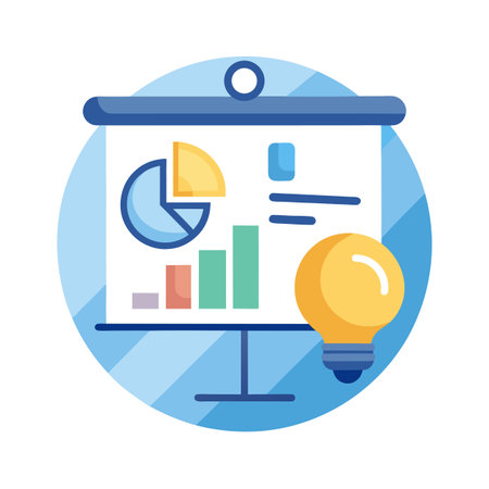Presentation board with charts and light bulb symbolizing creative business solutions, modern vector flat designのイラスト素材