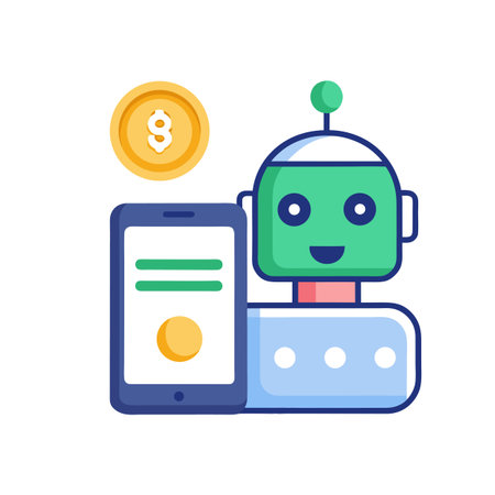 Cheerful AI Finance Assistant with Mobile App and Coin Symbolizing Automated Bankingのイラスト素材