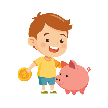 Cartoon boy character saving money in a piggy bank for the future.のイラスト素材