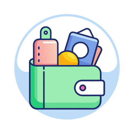 Wallet Icon Filled with Objects Flat Design on a Circle Backgroundのイラスト素材