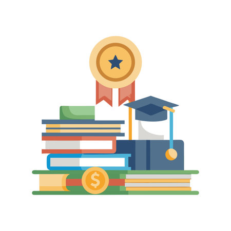 Flat Design Graduation and Academic Success Illustration with Books, Medal and Mortarboardのイラスト素材