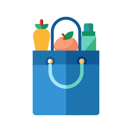 Blue shopping bag with fruits and containers against white background minimalistic designのイラスト素材