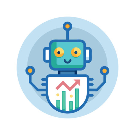 Happy robot demonstrating financial growth with bar graph and upward pointing arrow in a circleのイラスト素材