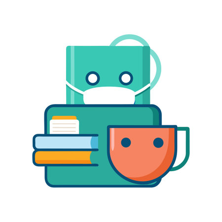 Stacked books with face mask and coffee cup in cute cartoon style illustrationのイラスト素材