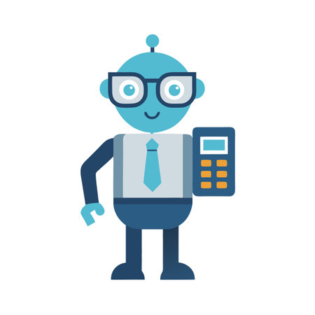 Blue cartoon robot with glasses holding a calculator for business and accounting conceptsのイラスト素材