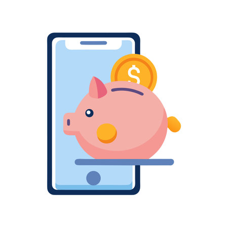 Digital Savings: Piggy Bank and Coin on Smartphone Screen for Online Banking and Financeのイラスト素材