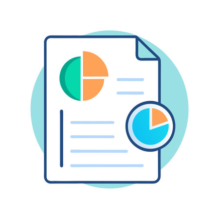 Colorful Financial Report Flat Icon with Pie Charts and Statistics on a White Backgroundのイラスト素材