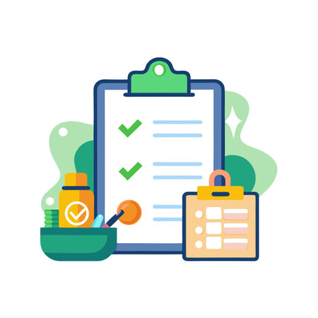 Healthcare Compliance and Medication Checklist Concept with Vitals Tracking in a Flat Graphic Styleのイラスト素材