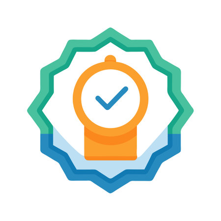 A stylized check mark icon indicating success or completion, inside a colorful badge.のイラスト素材
