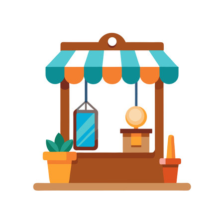 Market stall with blue and orange striped awning, plants, and hanging mirror and light illustration.のイラスト素材